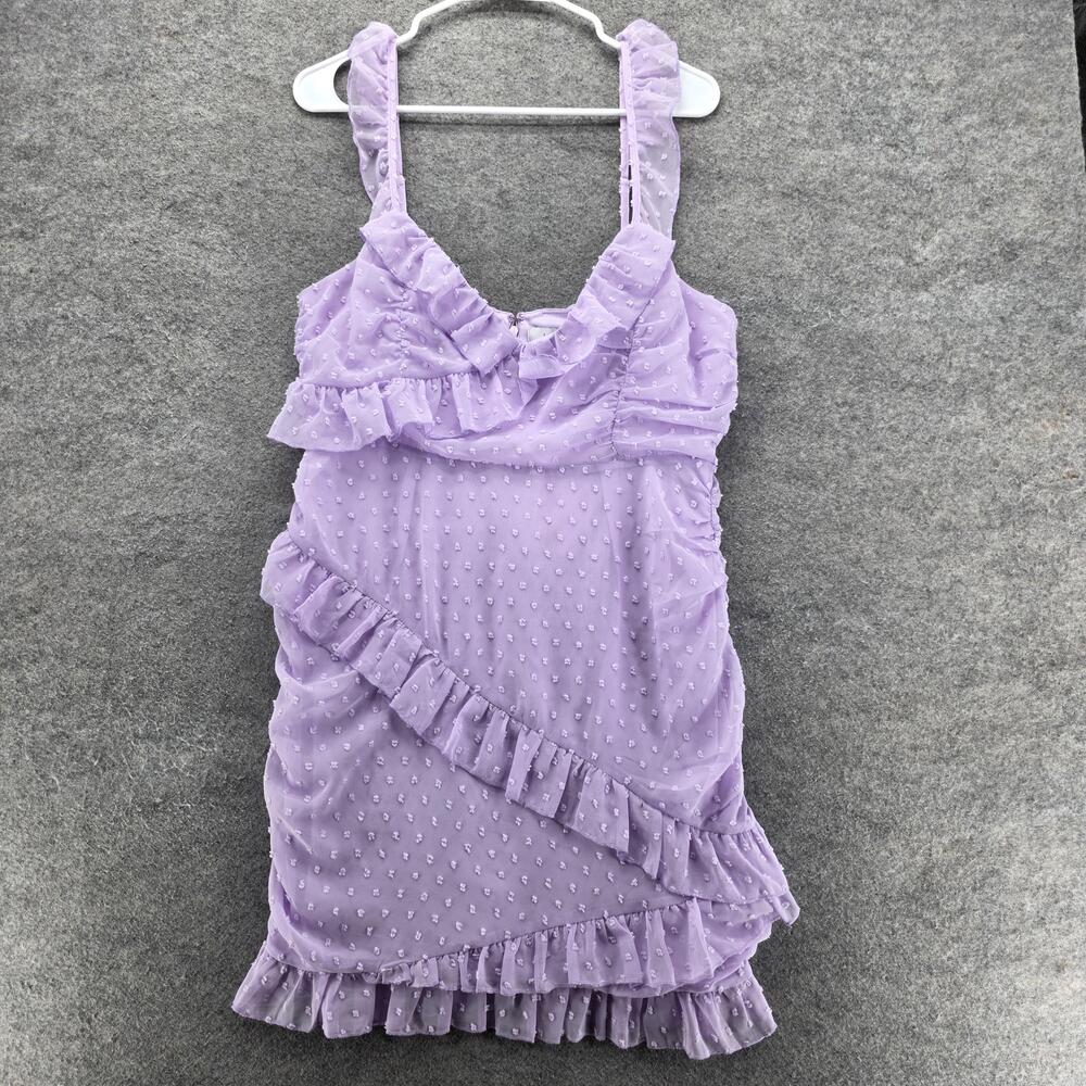 Lush Dress Womens Large Lilac Lavender Haze Ruffle Swiss Dot Mini Ruched New